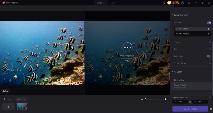 AI denoising the photo