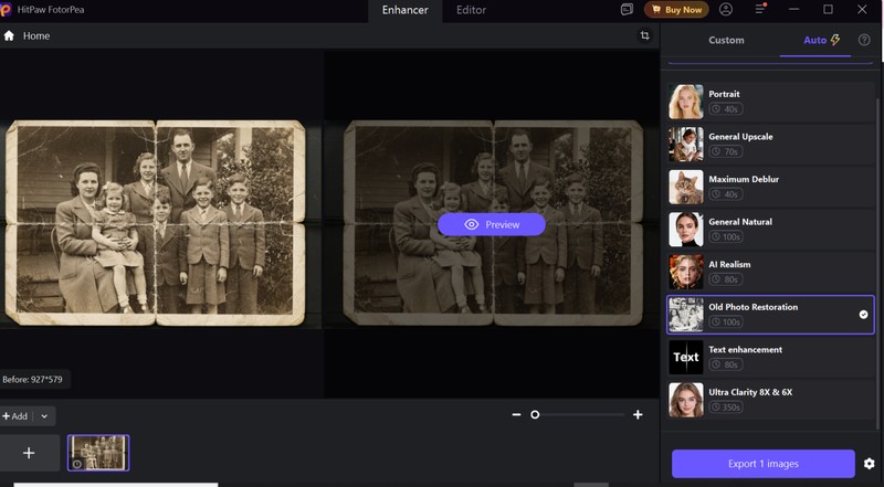Choosing the Scratch Repair Model and Face Model settings inside HitPaw FotorPea to repair fold lines.