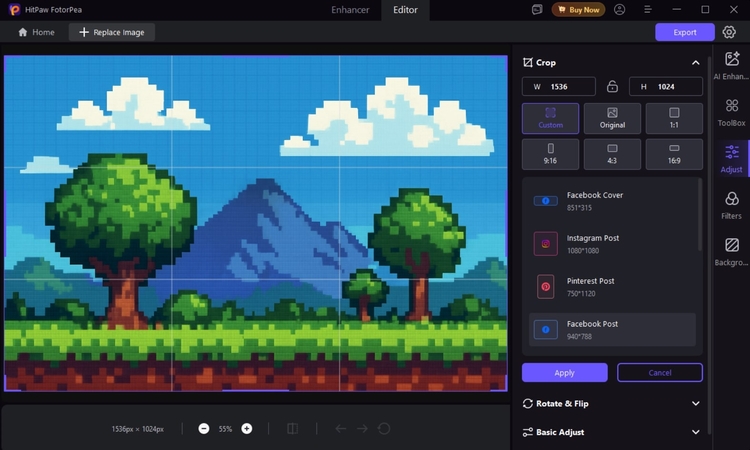 Fotorpea에서 조정 섹션 선택