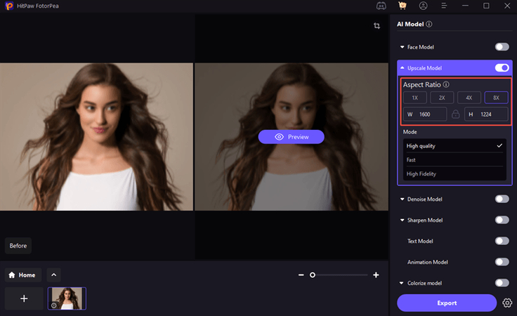 تحديد 2X أو 4X أو 8X أو أبعاد مخصصة في Upscale Model في FotorPea