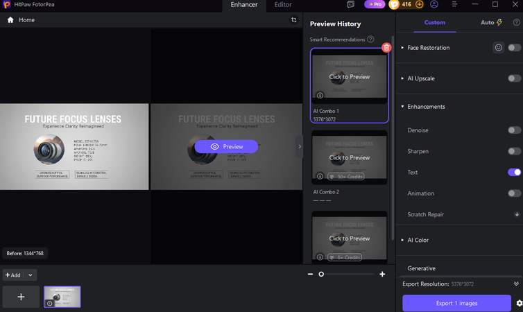 Choose the appropriate AI enhancement tool for blurry text in HitPaw FotorPea
