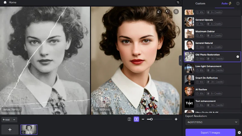 comparing and exporting the restored photograph