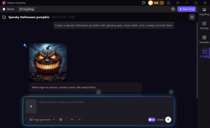 AI agent editing a Halloween pumpkin carving design with customized details