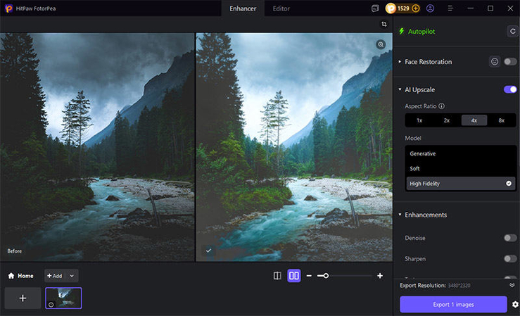 Exporting an enhanced photo from HitPaw FotorPea