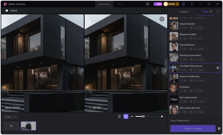 comparing and exporting an enhanced property photo in hitpaw fotorpea
