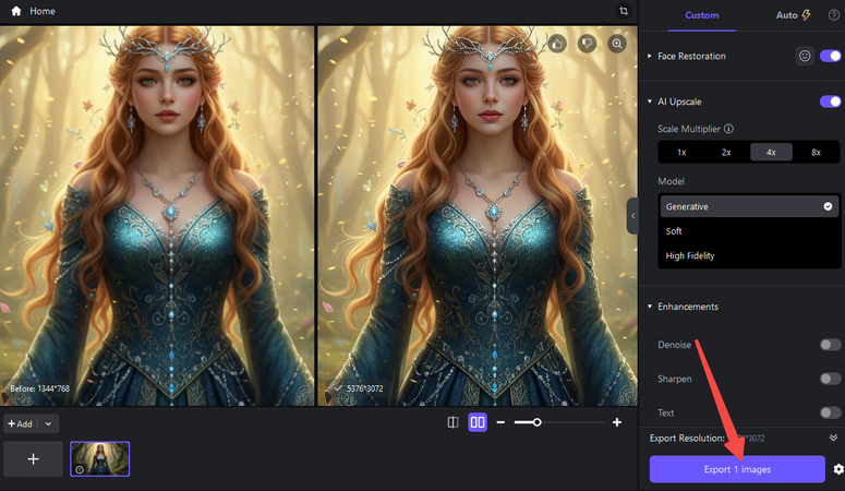Compare the original and enhanced AI-generated image before export