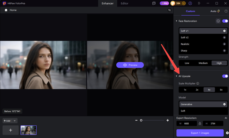 AI enhancement options for improving image resolution and clarity