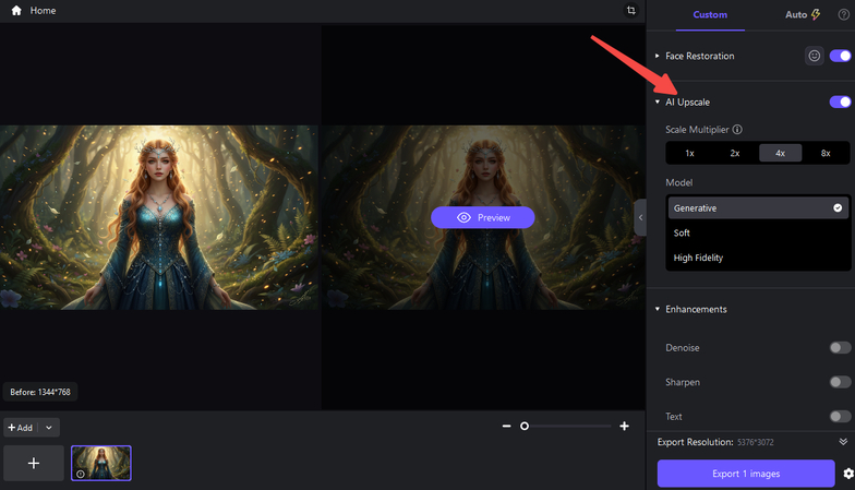 Choose an AI tool to enhance an AI-generated image in FotorPea