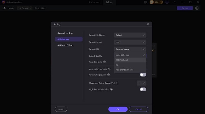 FotorPea export settings dialog with format and DPI resolution options