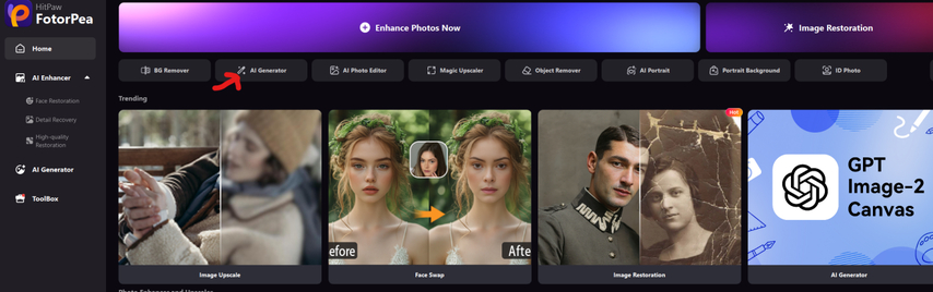 HitPaw FotorPea AI Generator interface
