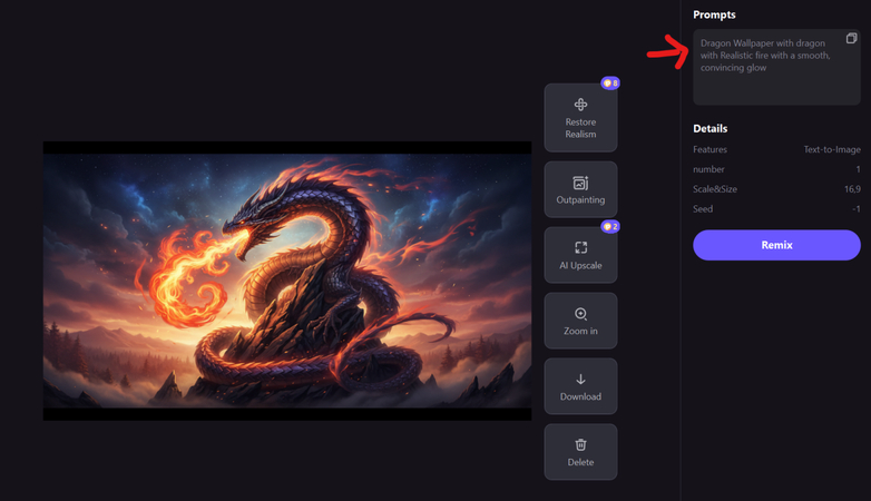 HitPaw FotorPea AI Generator interface showing a dragon wallpaper being created from a text prompt