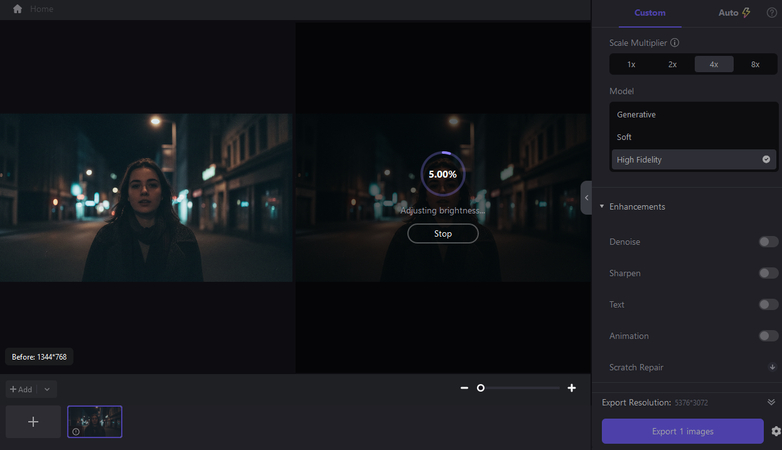 Night photo before and after