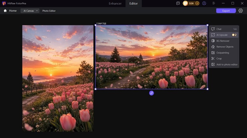 FotorPea one-canvas toolbar showing AI Upscale, Background Remover, Remove Objects, and Outpainting tools