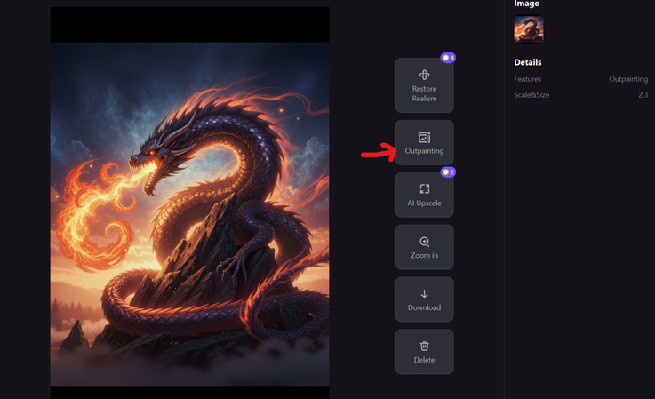 HitPaw FotorPea Outpaint interface showing a dragon image being extended with additional background space