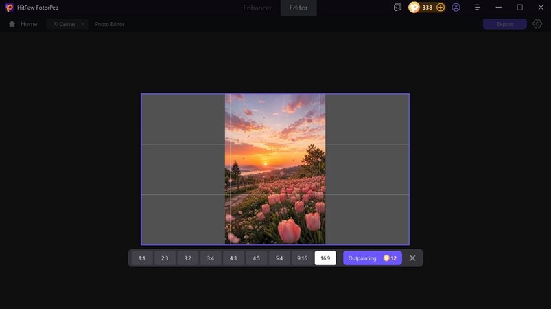 FotorPea outpainting tool showing aspect ratio selection options including 16:9 and 9:16