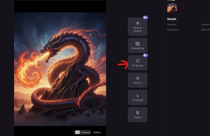 HitPaw FotorPea interface showing a dragon wallpaper being enhanced and upscaled to 4K resolution