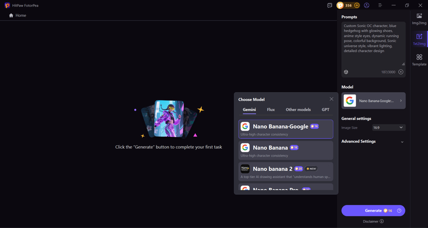 select ai model and generate sonic oc