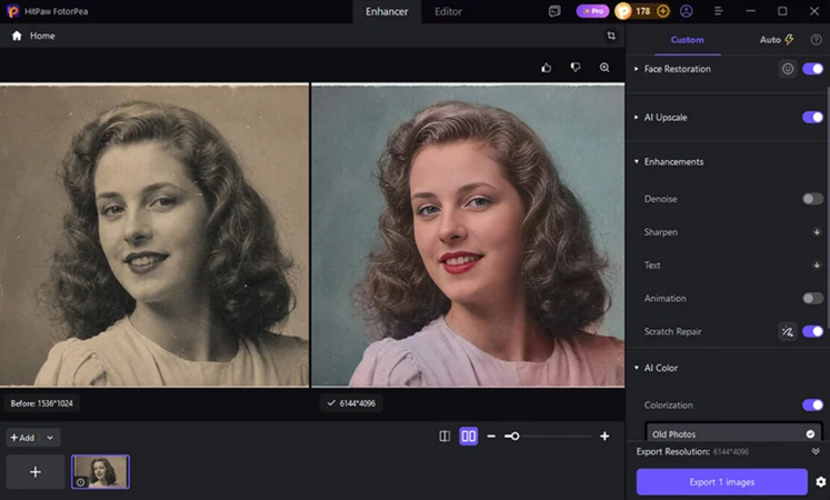 applying face repair scratch repair and colorize models in hitpaw