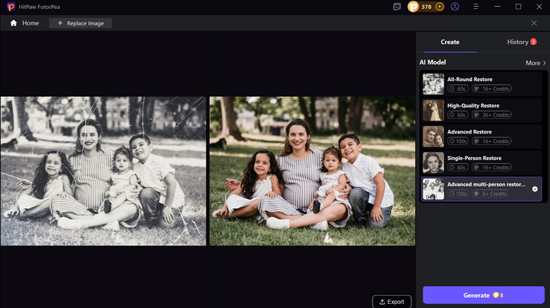 Export the restored photo from HitPaw FotorPea