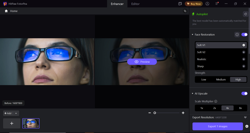 Select AI enhancement model to improve glasses reflection in photos