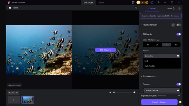 hitpaw fotorpea ai model selection for photo enhancement