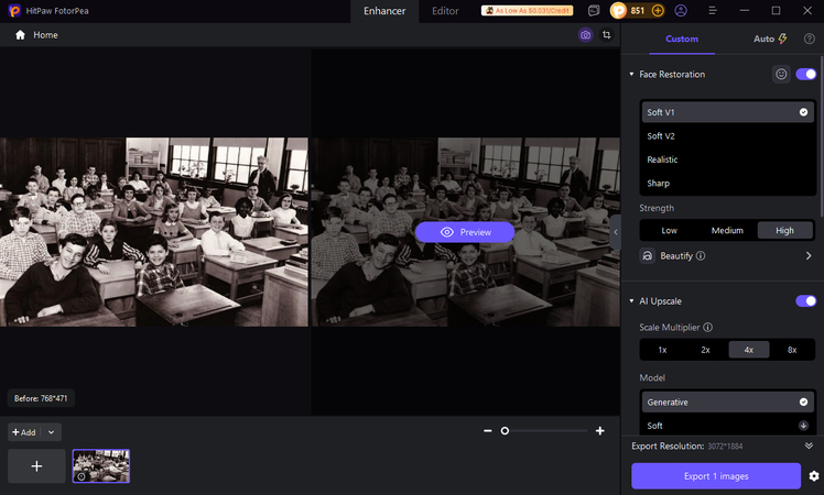 Applying AI image restoration to an old photo in HitPaw FotorPea