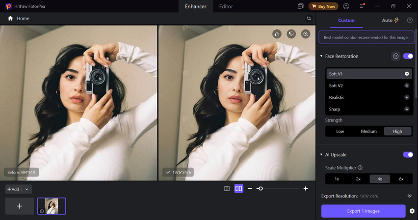 Before-and-after comparison and export in HitPaw FotorPea