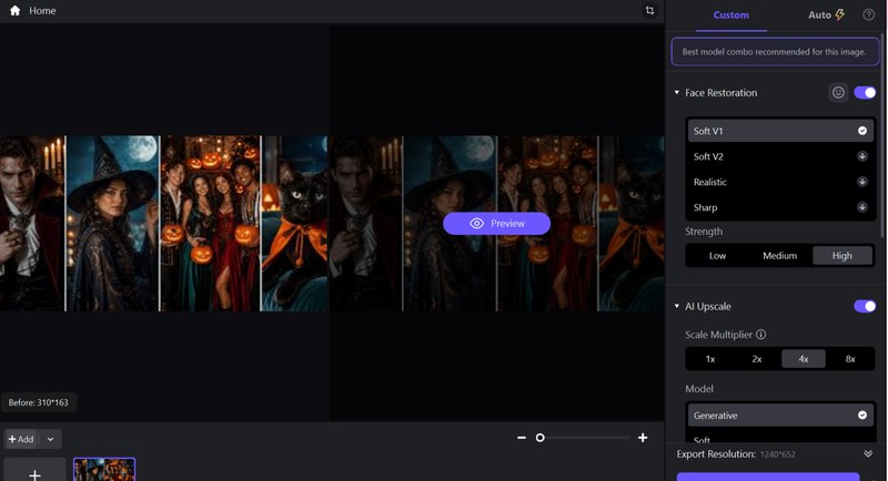 HitPaw FotorPea AI model options with a face enhancement model selected for a Halloween photo