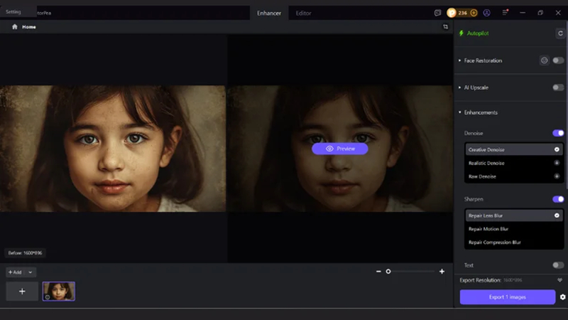 ai denoise model preview grainy photo fix