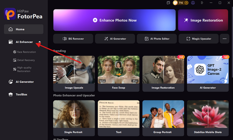 click enhance photos now button to start in HitPaw FotorPea