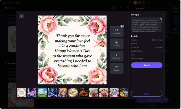 selecting and exporting a womens day card result from hitpaw fotorpea