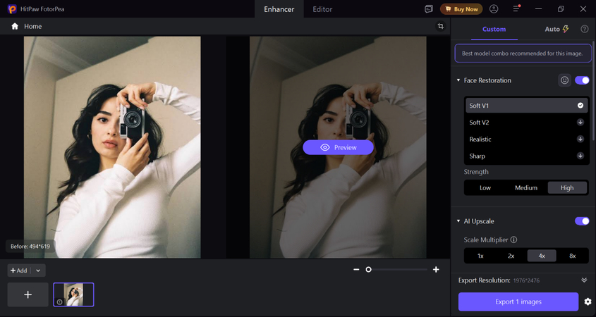 Selecting the Face Enhancer model in HitPaw FotorPea