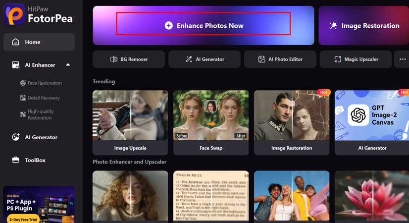hitpaw fotorpea photo enhancer interface