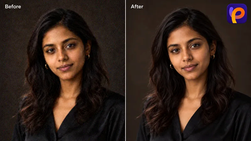 noisy portrait beside cleaner version