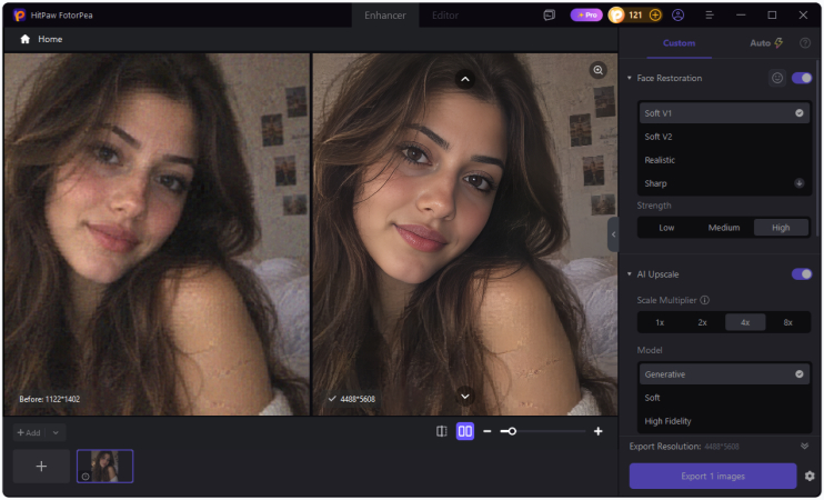 comparing and exporting an enhanced photo in hitpaw fotorpea