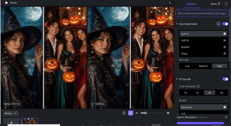 HitPaw FotorPea preview window comparing the original and enhanced Halloween photo with the export button
