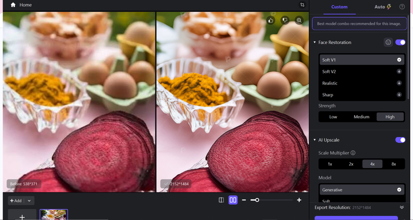 Previewing and exporting an enhanced food photo in HitPaw FotorPea