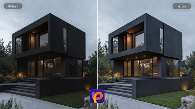 property photo before and after hitpaw fotorpea low-light enhancement