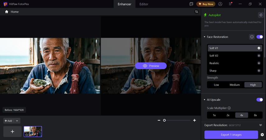 Importing Qwen 3.8 visual and selecting an AI enhancement model in HitPaw FotorPea