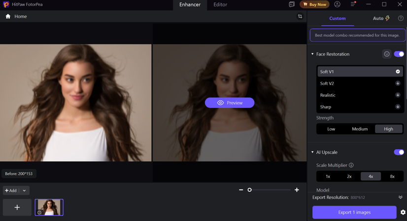 Selection menu displaying AI enhancement modes in HitPaw FotorPea.