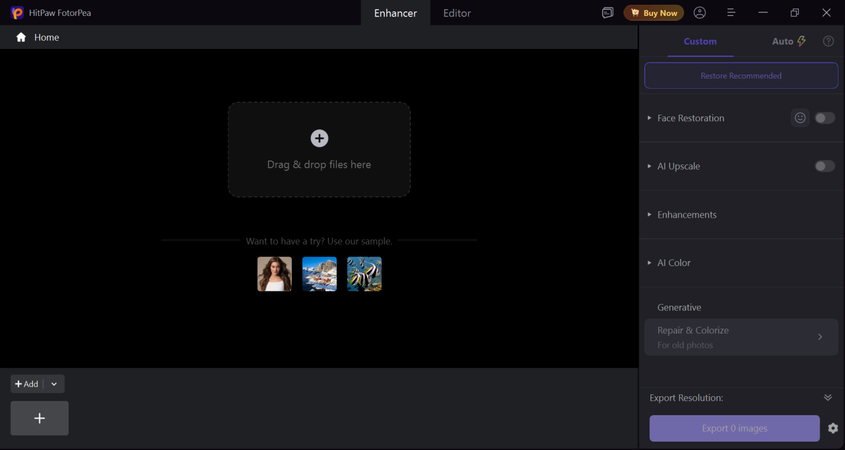 HitPaw FotorPea main interface screen highlighting the Enhance photo now button.