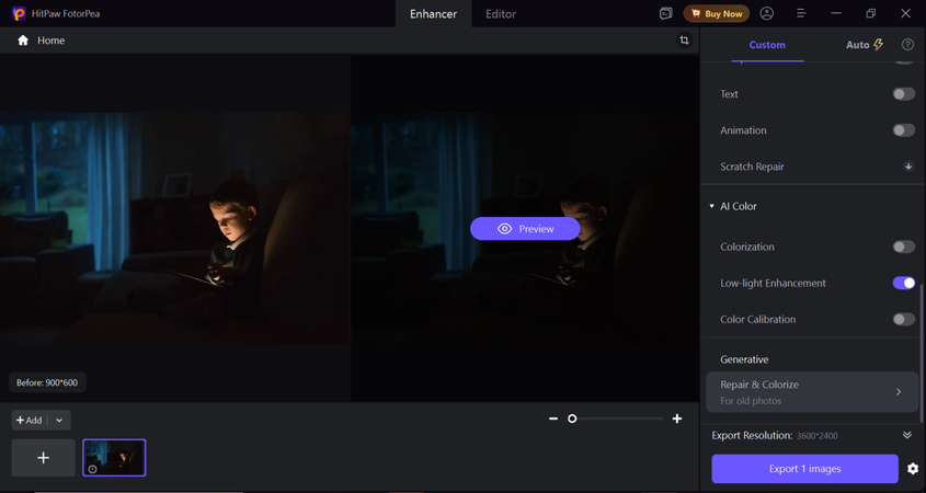 Selecting shadow detail enhancement low-light AI model in HitPaw FotorPea software.