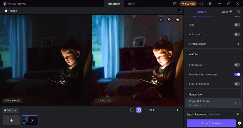Before and after preview comparison of fixing bad lighting in photo with HitPaw FotorPea.