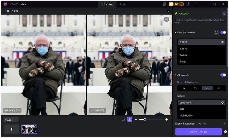 uploading Bernie Sanders meme template into hitpaw fotorpea enhancer