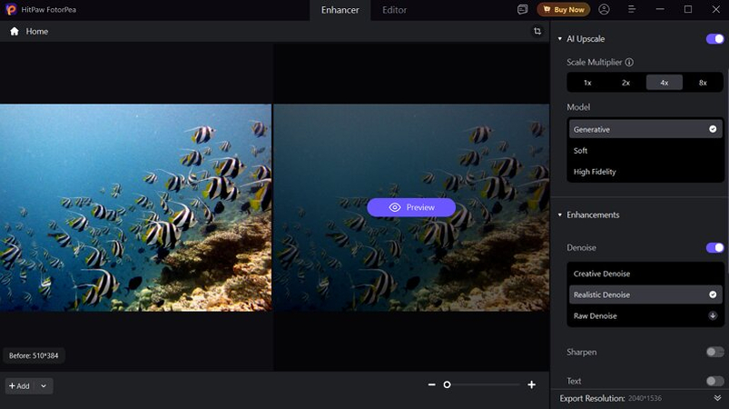 اختيار رفع الجودة بالذكاء الاصطناعي في HitPaw FotorPea