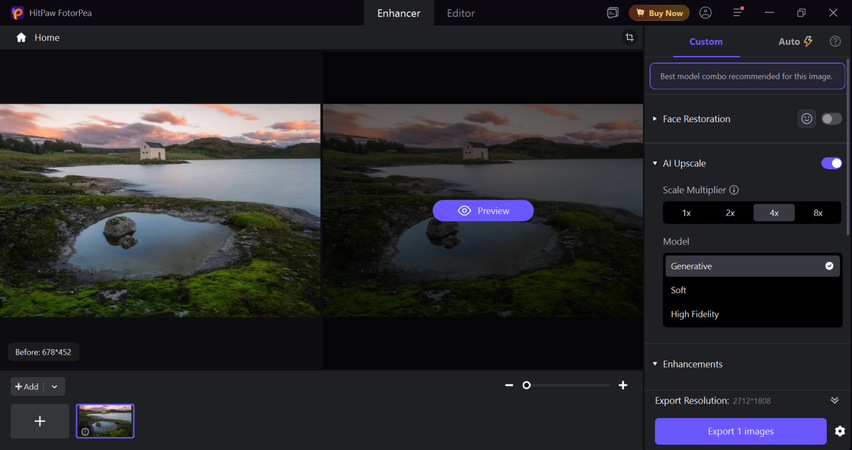 Selecting AI enhancement models and cropping options in HitPaw FotorPea interface