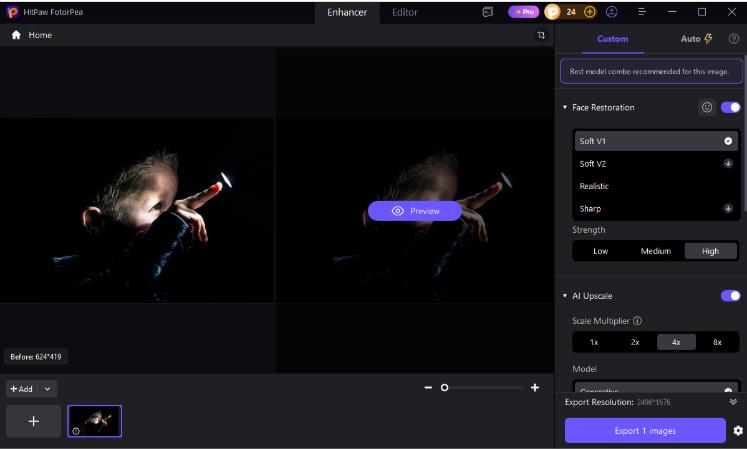 Selecting shadow detail enhancement mode inside HitPaw FotorPea menu