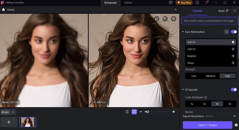 Preview screen comparing original and enhanced image quality before final export.