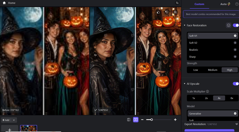 Exporting sharpened AI enhanced group costume image
