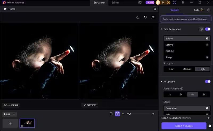 Real-time preview and download screen of brightened indoor photo in HitPaw FotorPea